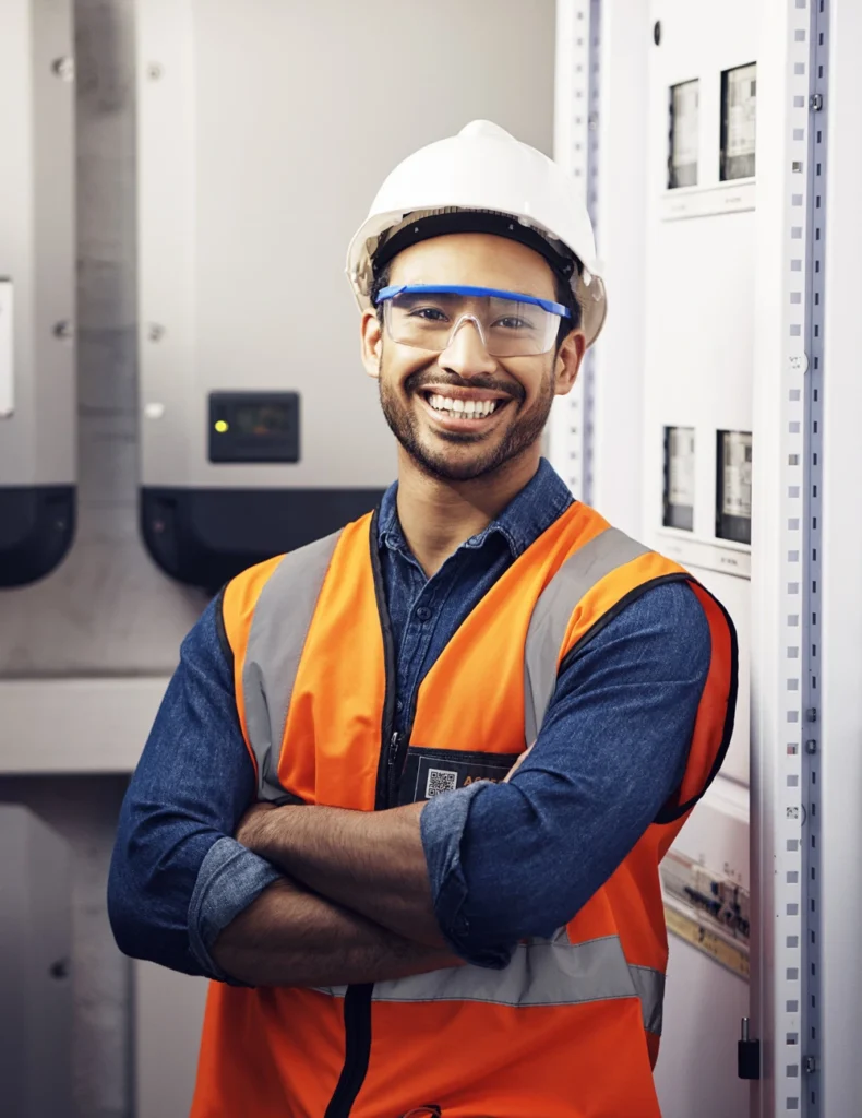 LENA Elektrik Hamburg | portrait happy man and engineering technician in 2023 11 27 05 16 10 utc 1